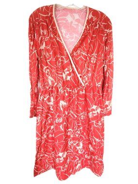 Vintage Retro Red Floral Surplice Wrap Mini Dress Long Sleeve Boho 1970s XS/S